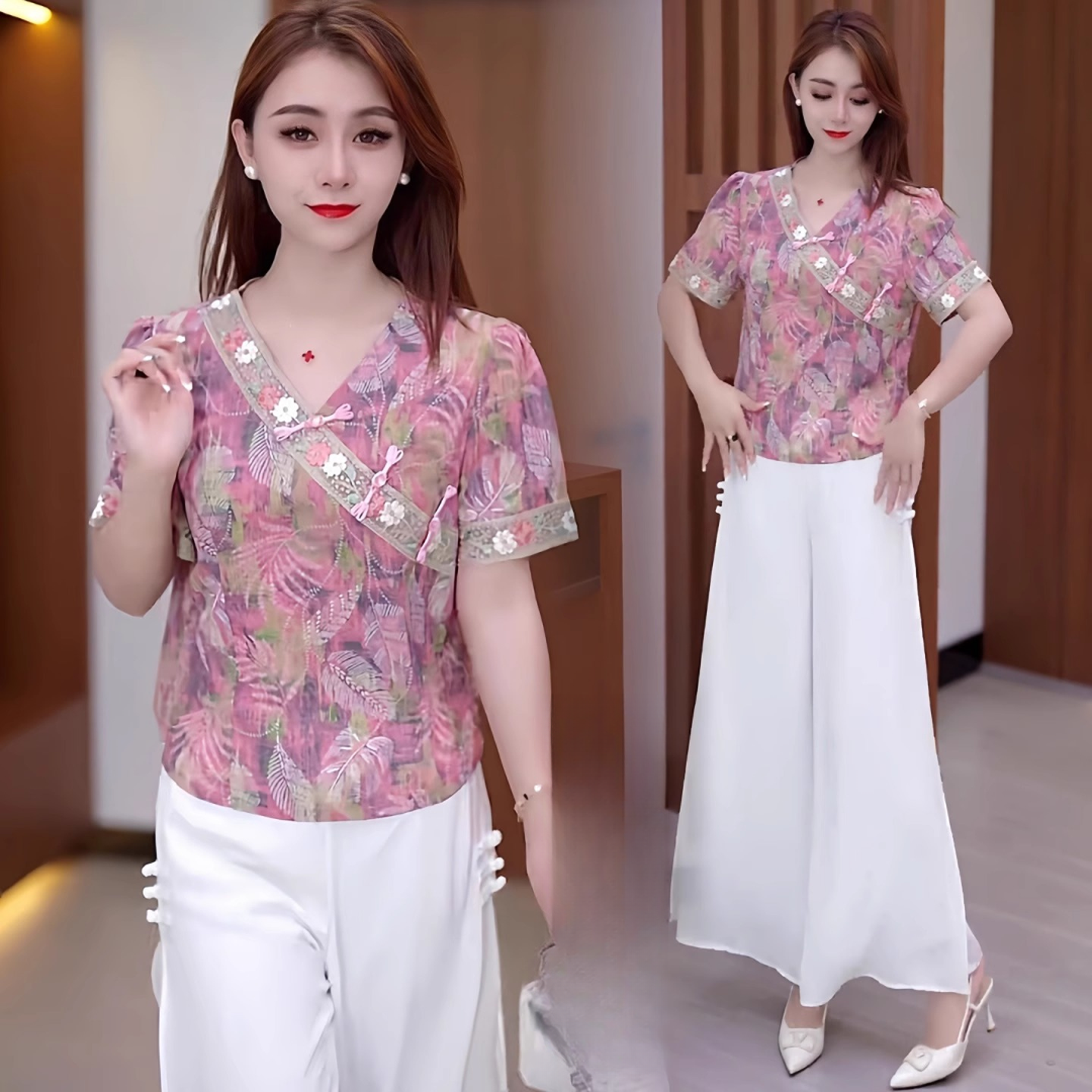 拉夏贝尔新中式国风衬衫女士夏季新款洋气V领小个子碎花短袖上衣