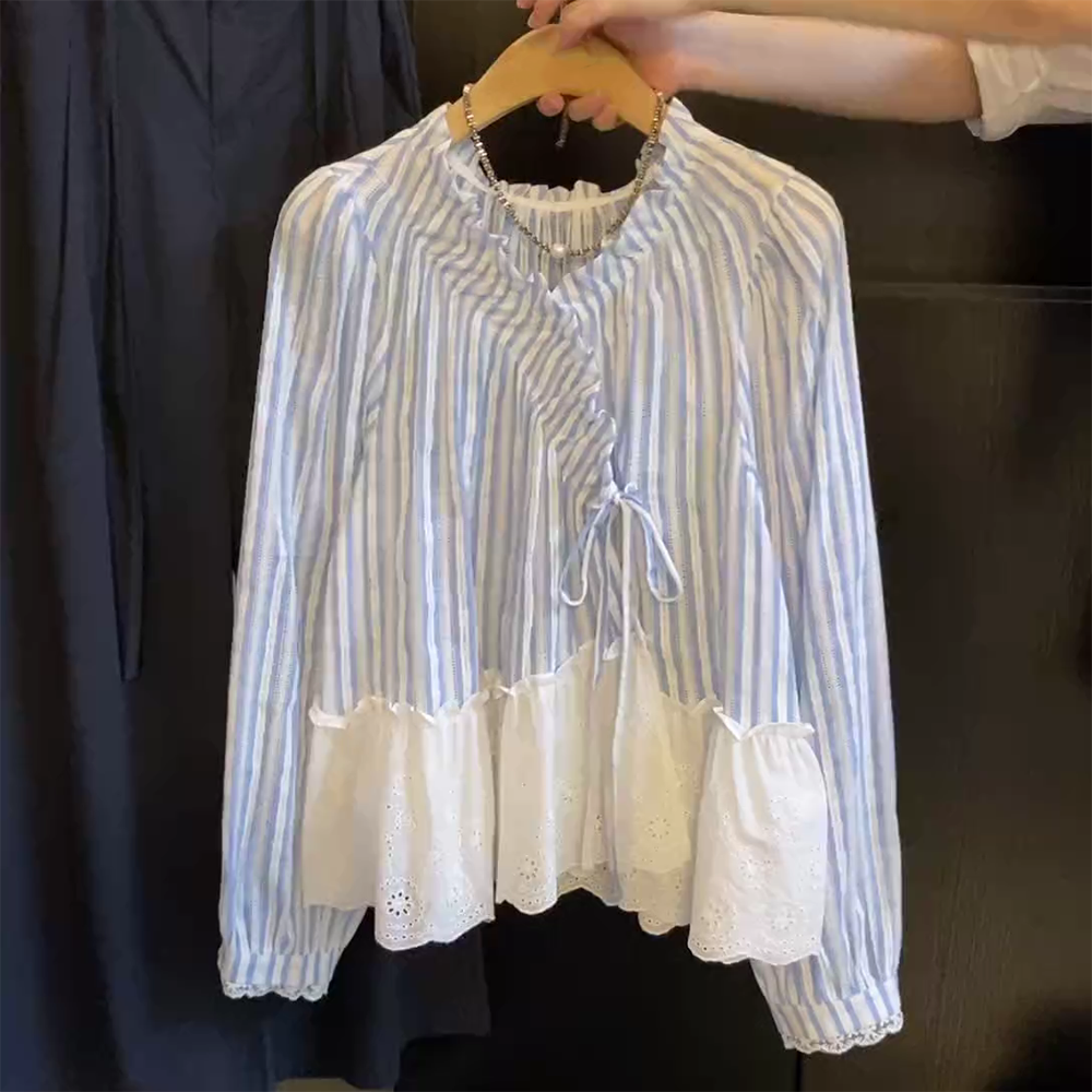 【海的复调】新款韩版气质木耳边V领系带清新蓝条纹衬衫C6446