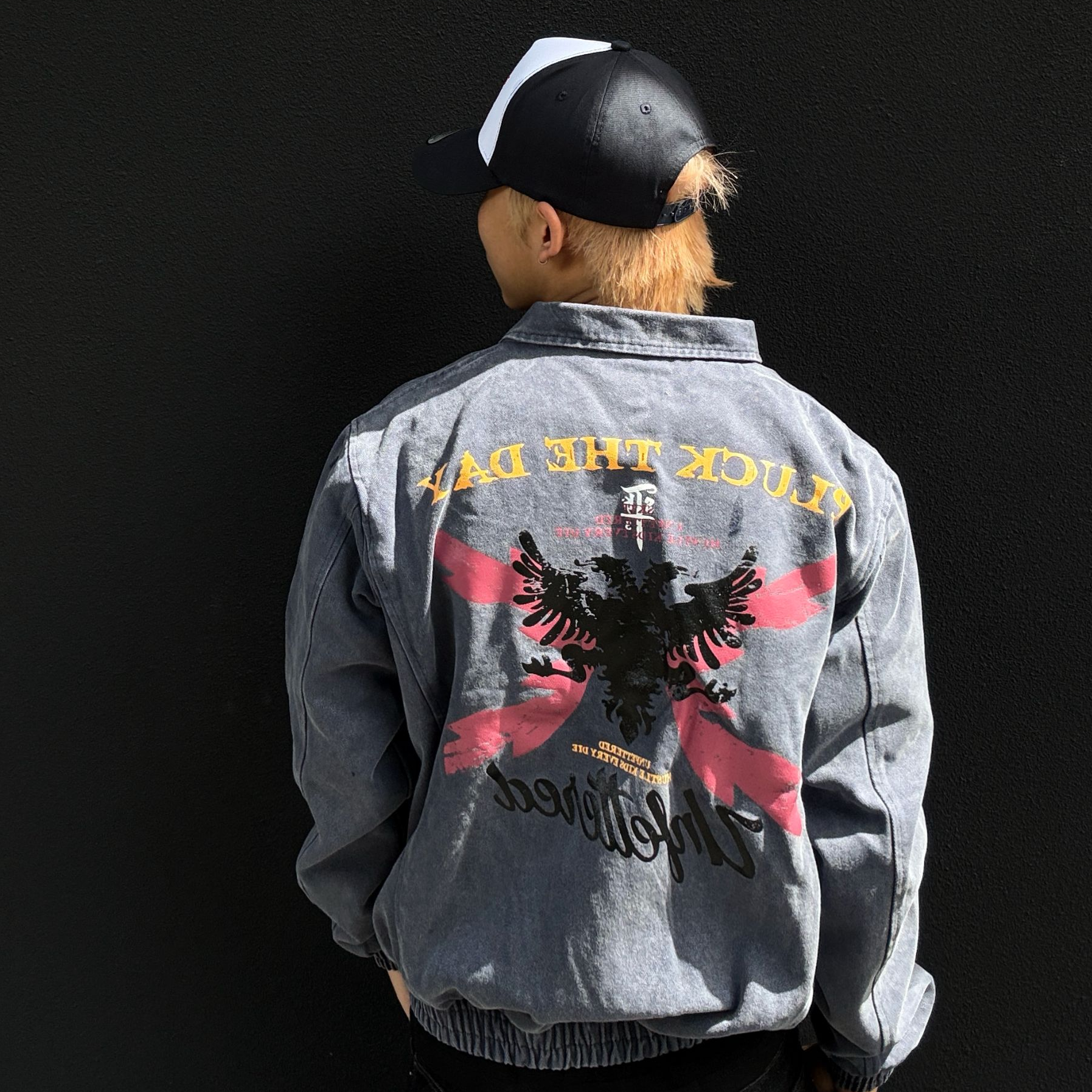 SKATEPARK "不死鸟"洗水做旧法工蓝450g重工珠帆短宽正肩夹克外套