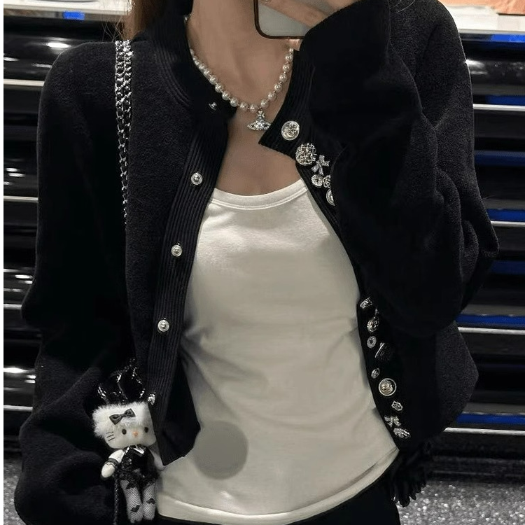 法式黑色针织开衫外套女2025年秋季小个子高级感气质名媛短款上衣