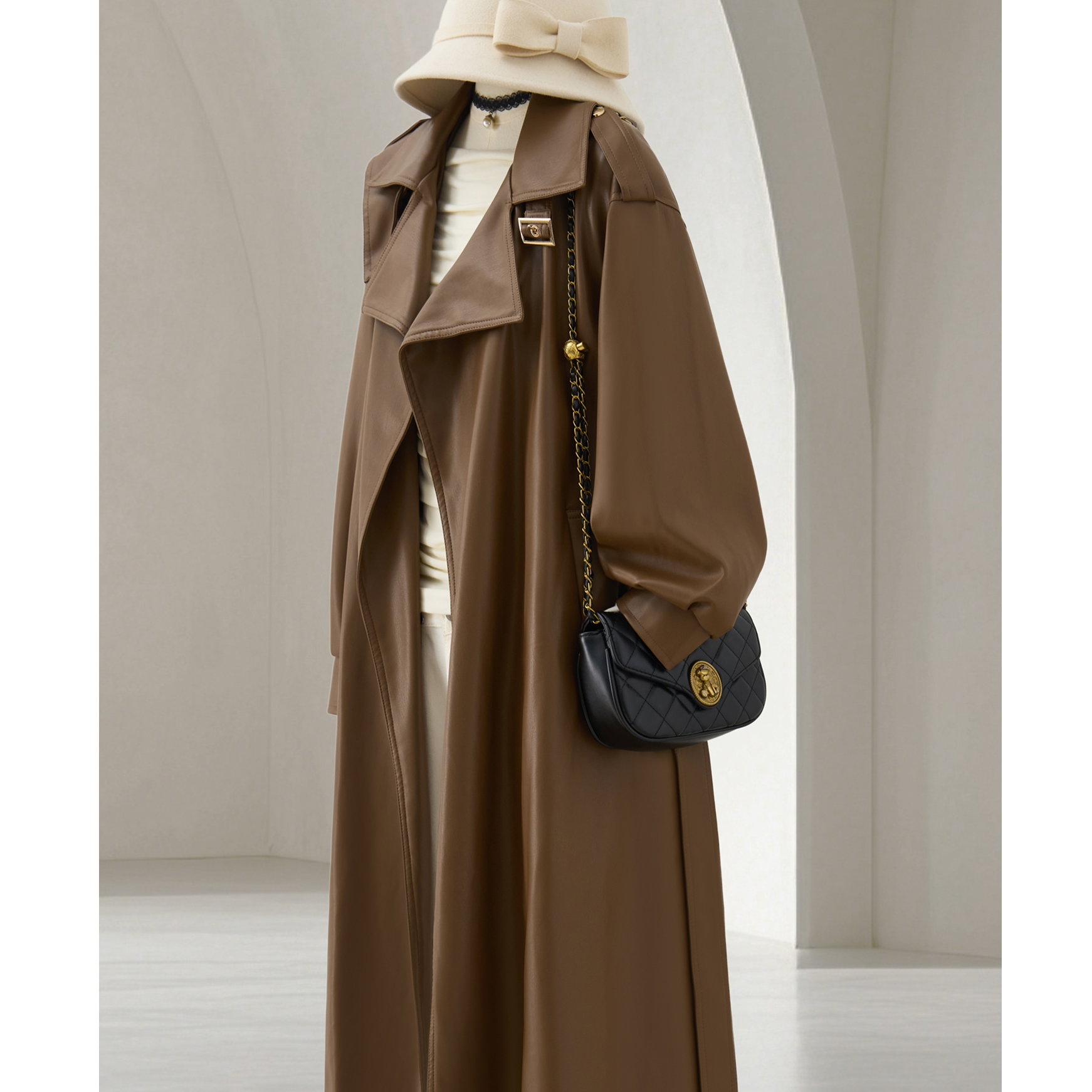 咖色长款PU皮风衣女2025秋季新款小众不撞款甜酷气质百搭过膝外套