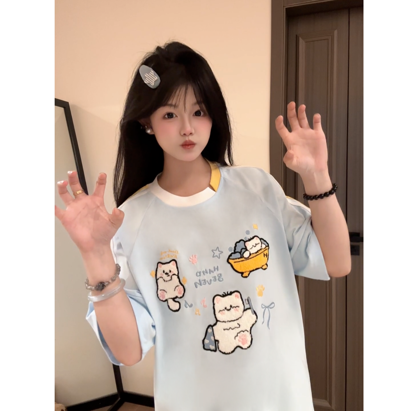 HandSeven夏季【猫可梦】可爱风甜妹拼接重磅毛绒刺绣短袖百搭T恤