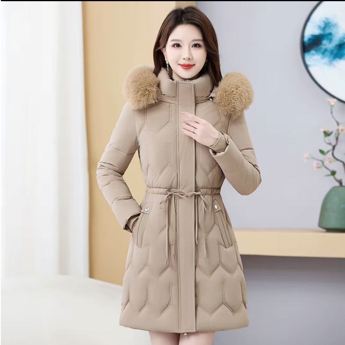 2025中长款棉服女士修身显瘦大毛领可拆卸加厚保暖棉袄