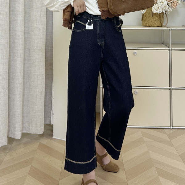 深蓝色韩版时尚阔腿裤休闲百搭显瘦宽松高腰直筒牛仔裤女九分裤