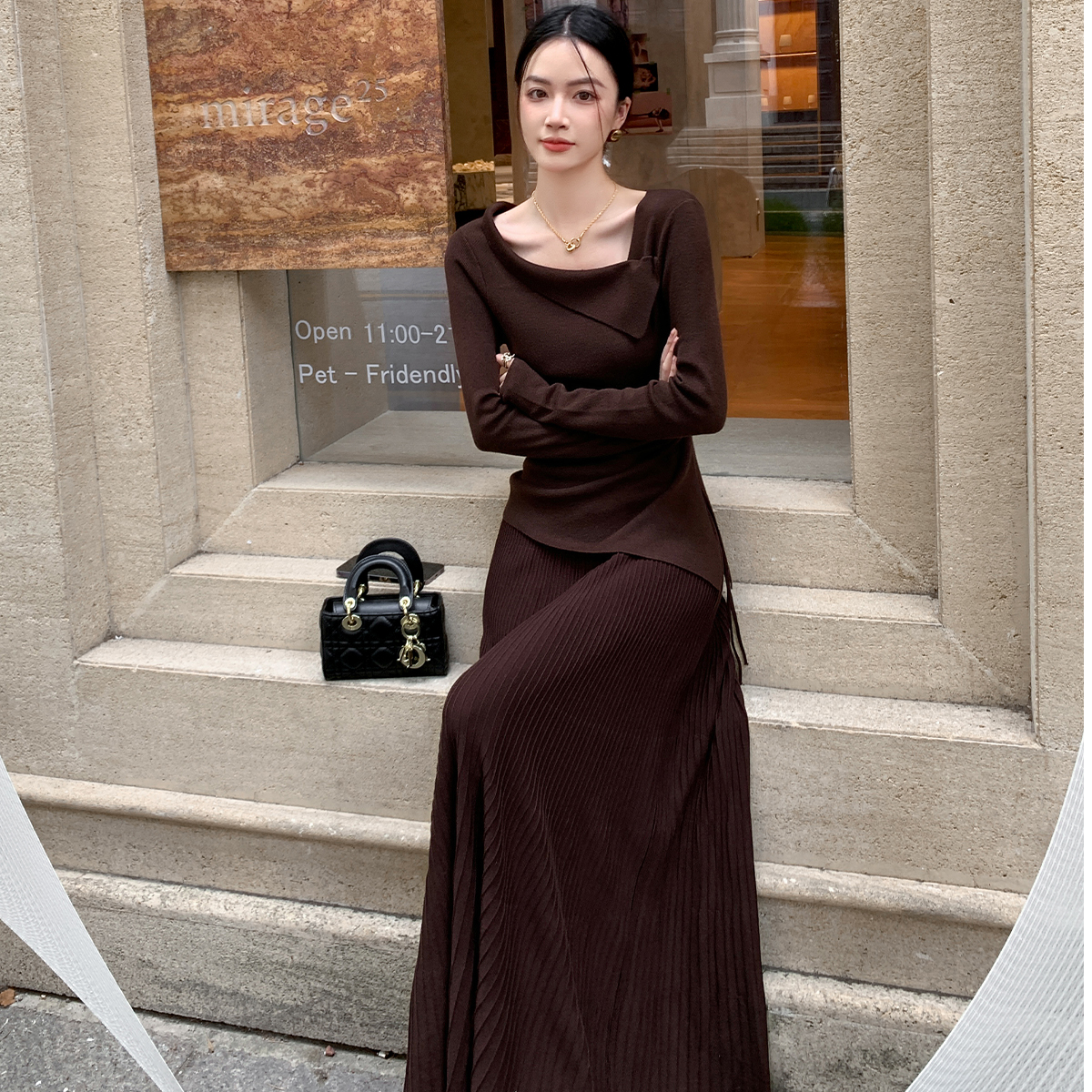 美拉德不规则设计款上衣女2025秋季新款显瘦修身上衣半身裙两件套