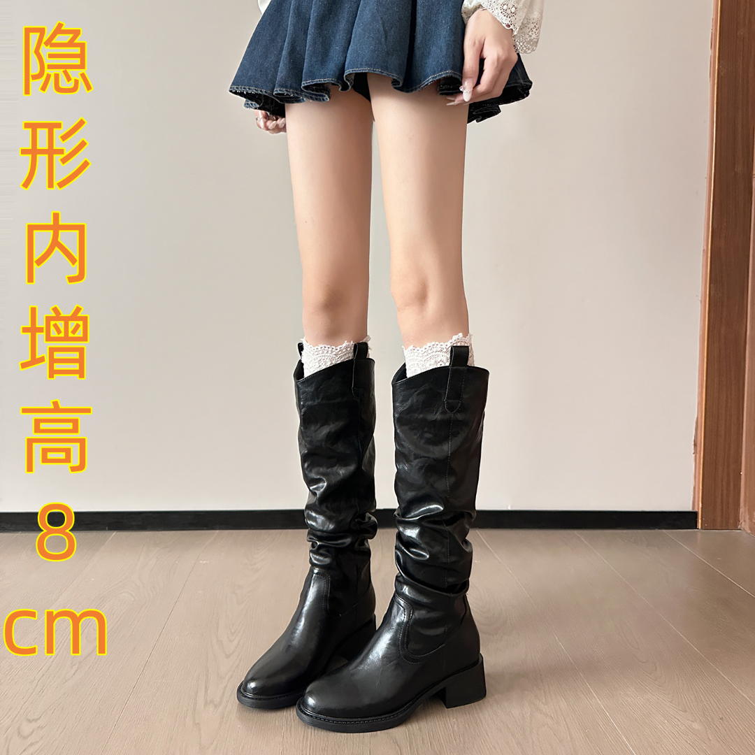 8CM内增高骑士女靴时尚不过膝长筒靴秋冬新款棕色褶皱堆堆西部靴