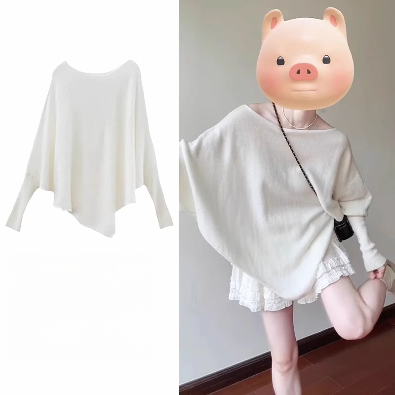 不规则白色蝙蝠袖针织打底衫女秋冬韩系穿搭宽松设计感一字肩上衣