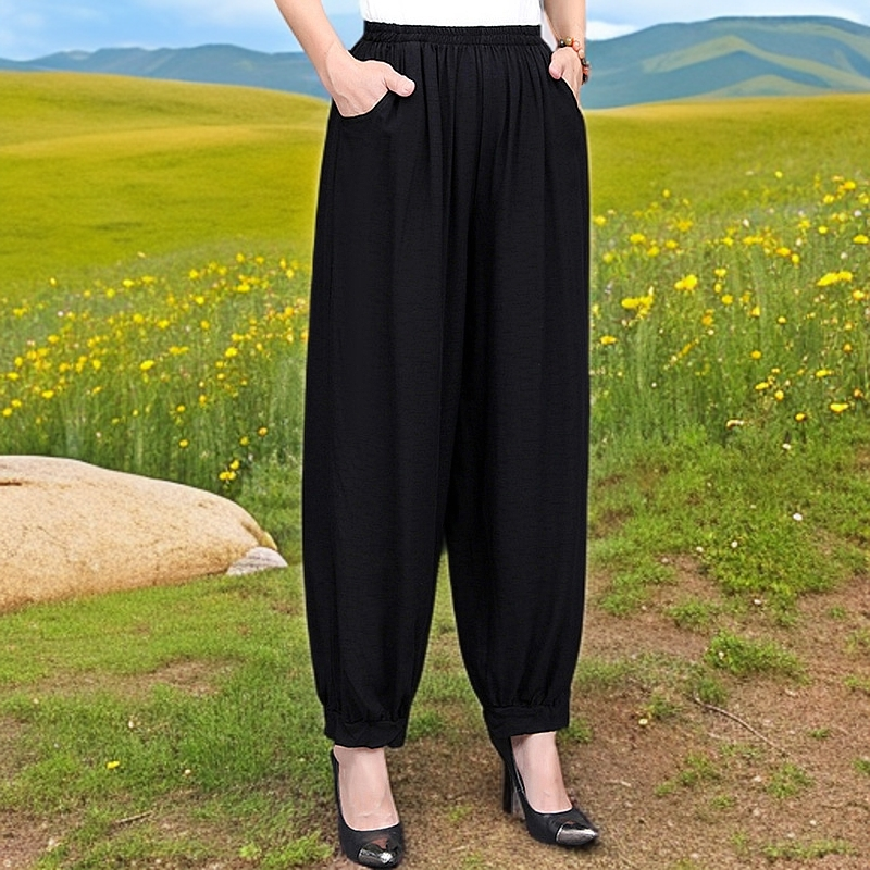 夏季黑色休闲裤女洋气灯笼裤薄款棉绸裤子纯色防蚊裤百搭阔腿裤潮