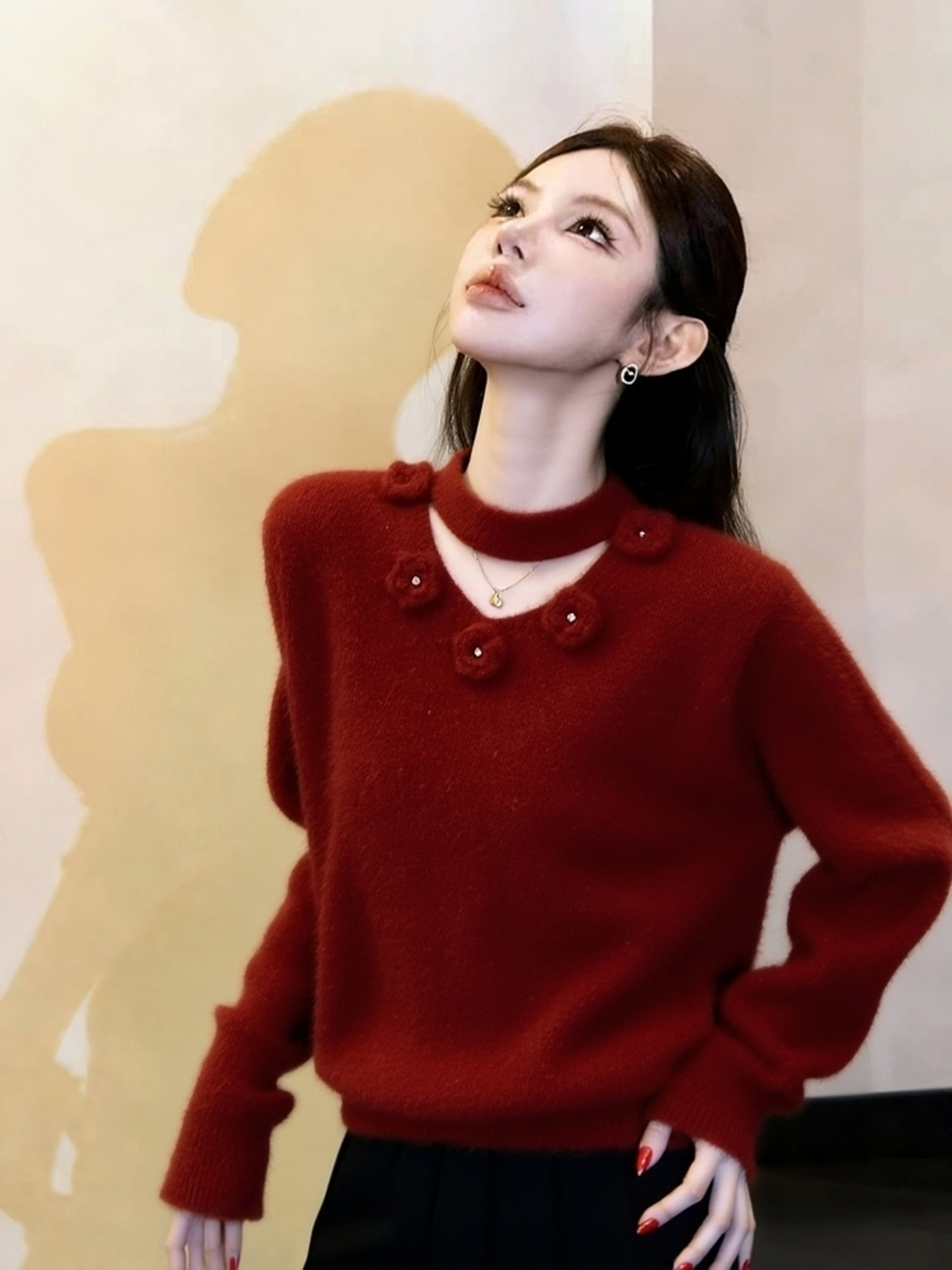 2025冬韩系巨好看减龄宽松圣诞新年穿搭慵懒松弛感红色立体花毛衣