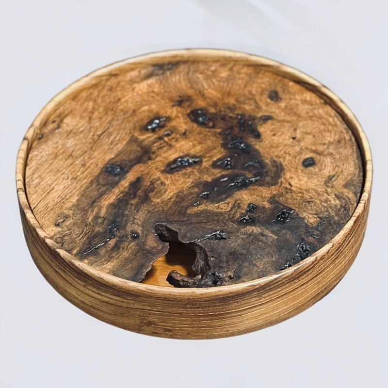 缅甸柚木树疤储水圆茶盘实木圆形新中式木质简约25CM客厅家用复古