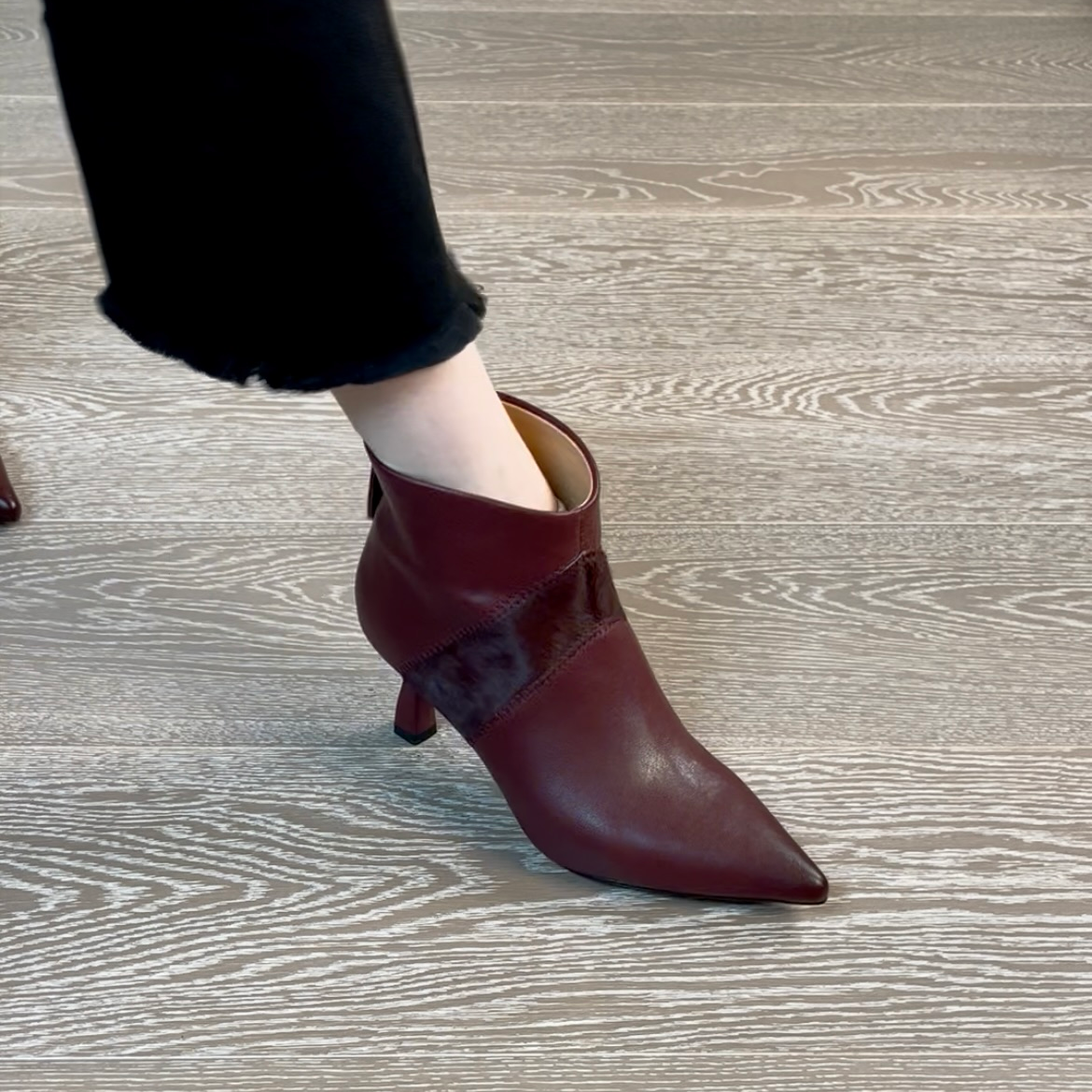 7CM头层羊皮时装靴气质尖头细高跟冬季法式瘦瘦靴百搭后拉链女鞋