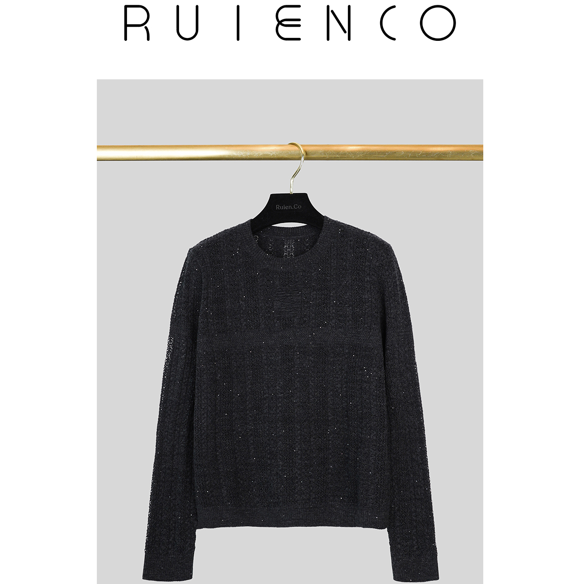 RuienCo.波斯湾 澳大利亚绵羊毛银丝珠片纱绞花挑孔早秋针织衫