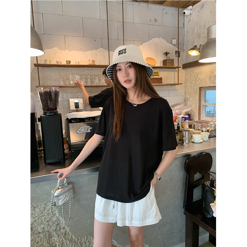 韩系黑色字母印花正肩圆领短袖T恤女夏季新款简约百搭超好看上衣