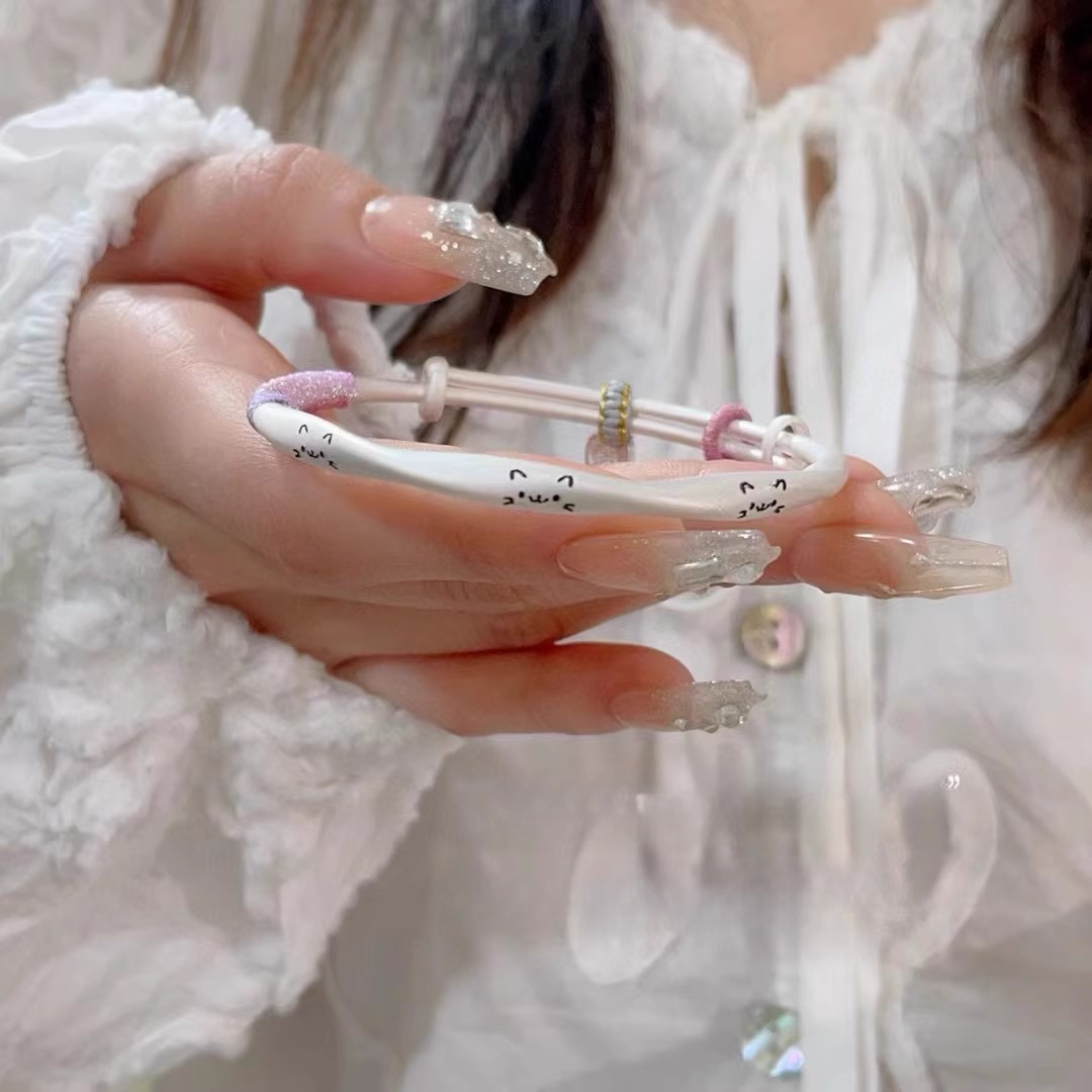足银手镯 足银999笑脸猫咪编绳手镯猫爪镯子可调节送女友礼物