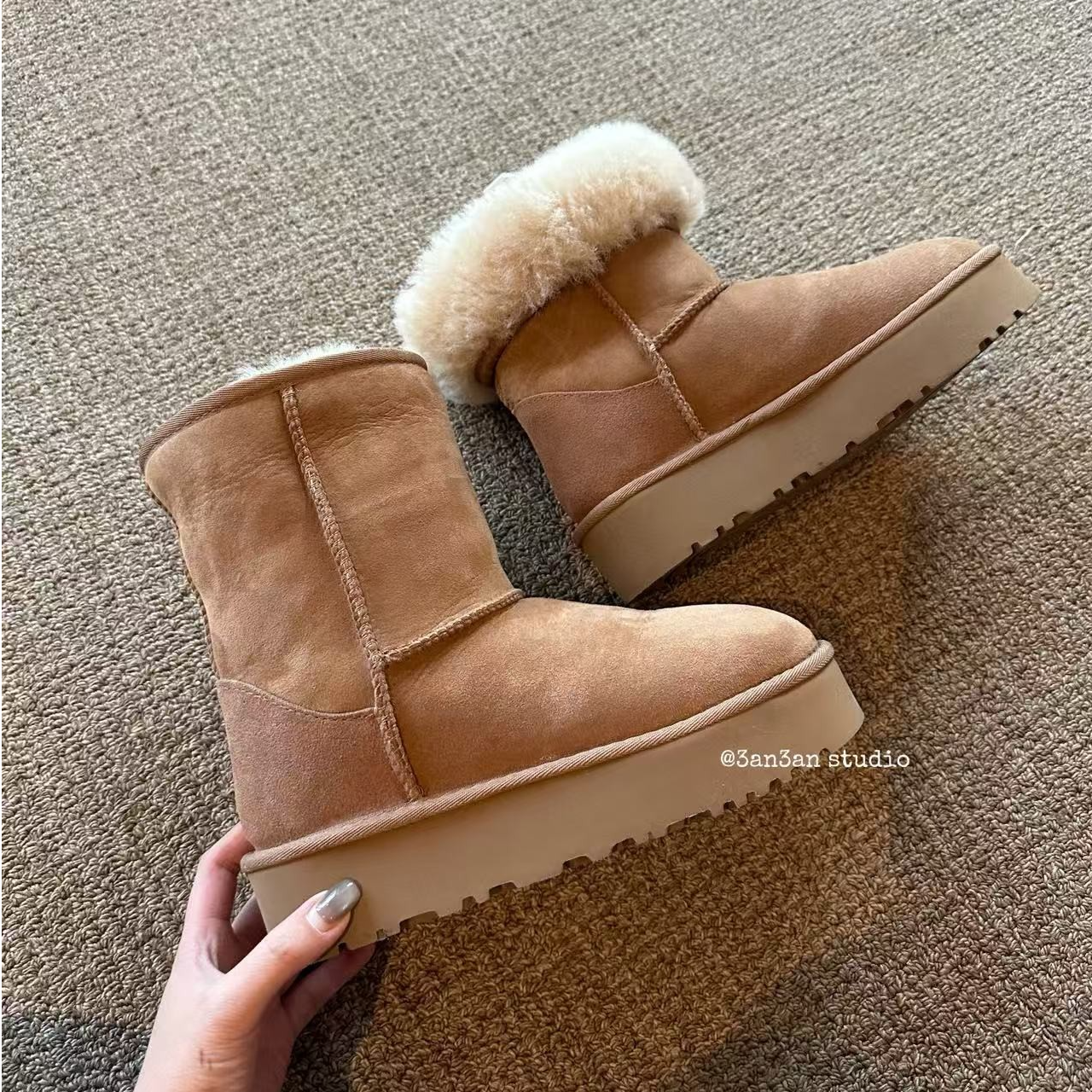3AN3AN【小暖炉】两穿厚底4cm中筒雪地靴新款羊皮毛一体靴3AN5825
