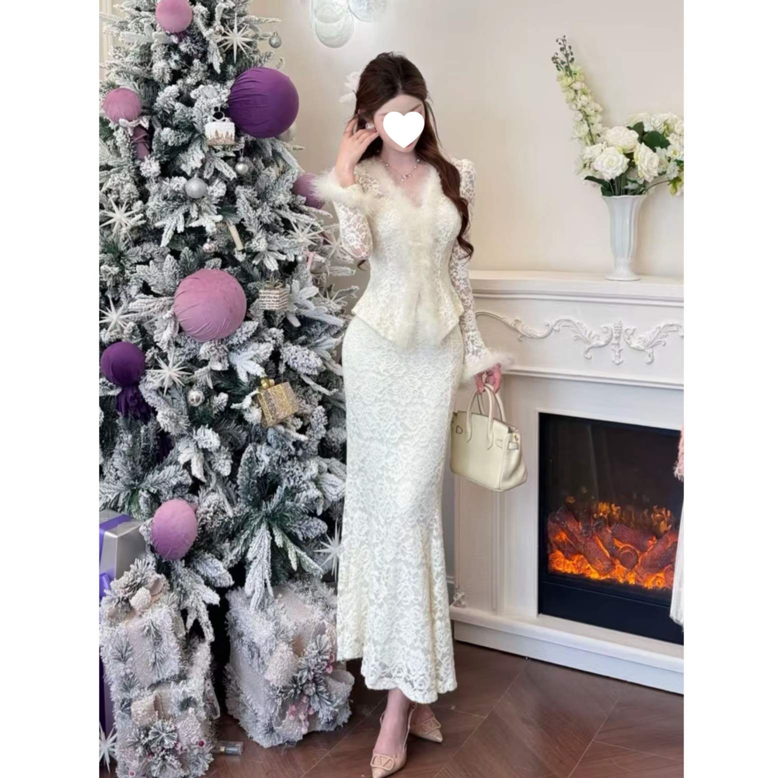 收腰V领绒内蕾丝上衣半裙两件套