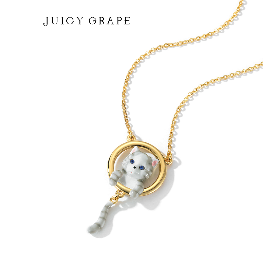 JuicyGrape 铜合金珐琅吊坠 可爱猫咪项链女设计感趣味猫锁骨链