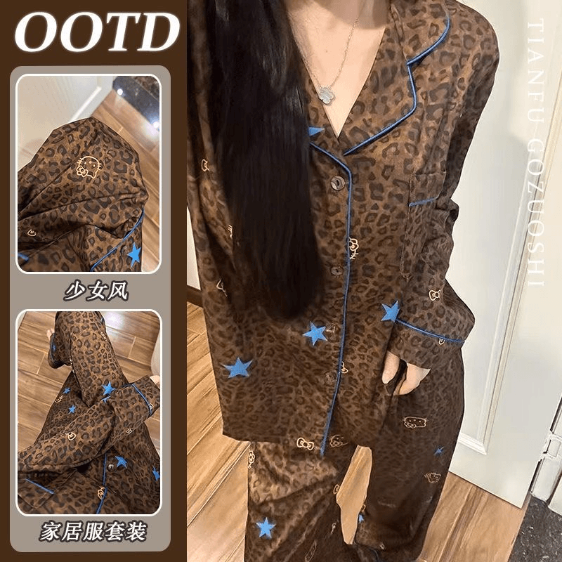 琥珀流光风豹纹KT猫睡衣女春秋季开衫翻领2025家居服长袖长裤TZ