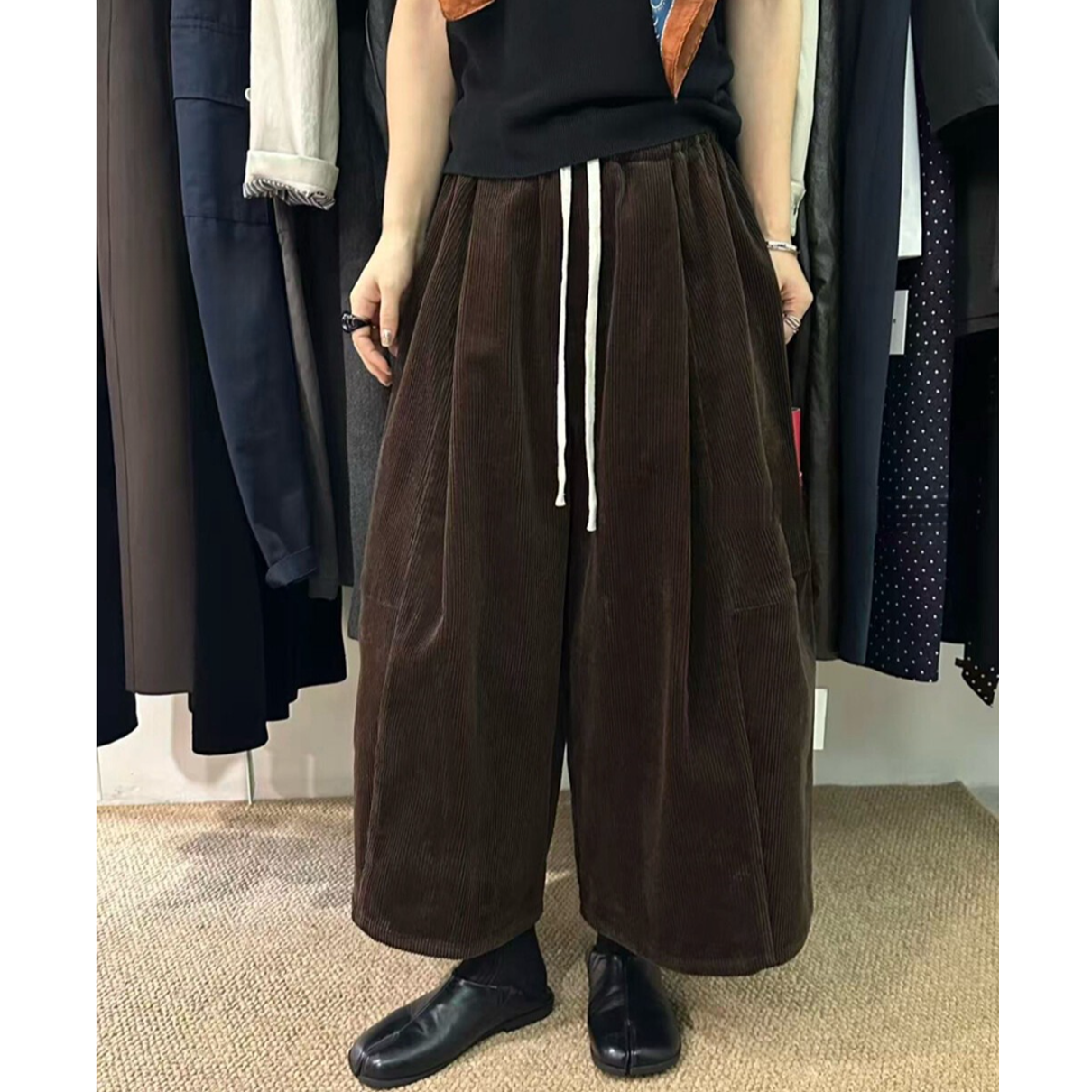 慵懒风复古宽松条绒阔腿裤女秋季显瘦抽绳休闲气球裤灯芯绒九分裤