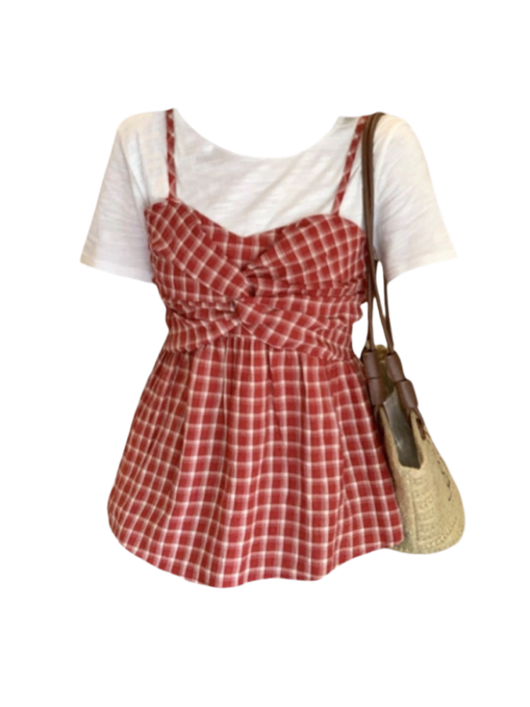 【Amy家】甜辣风拼接假两件短袖T恤女夏季设计感收腰格子吊带上衣女