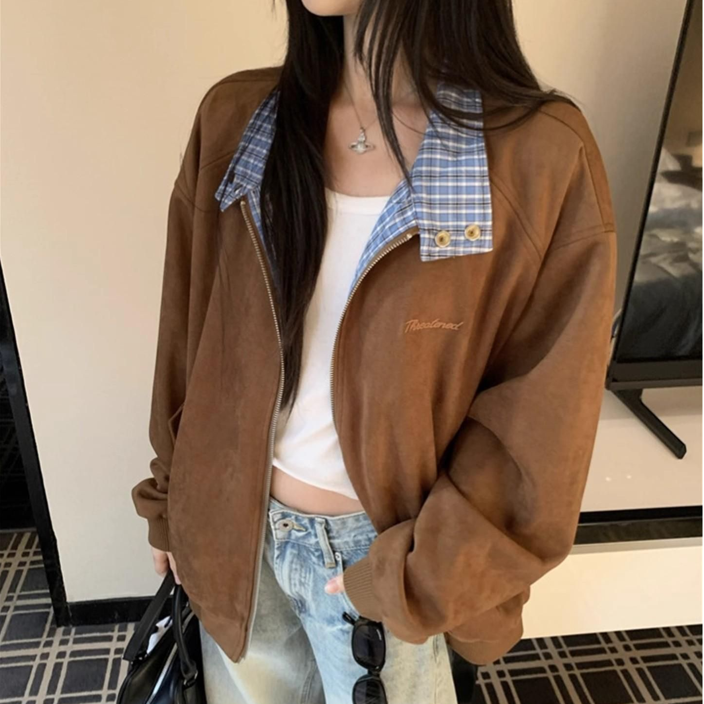韩系复古休闲风短外套女秋季2025新款格子拼接棒球服百搭夹克上衣
