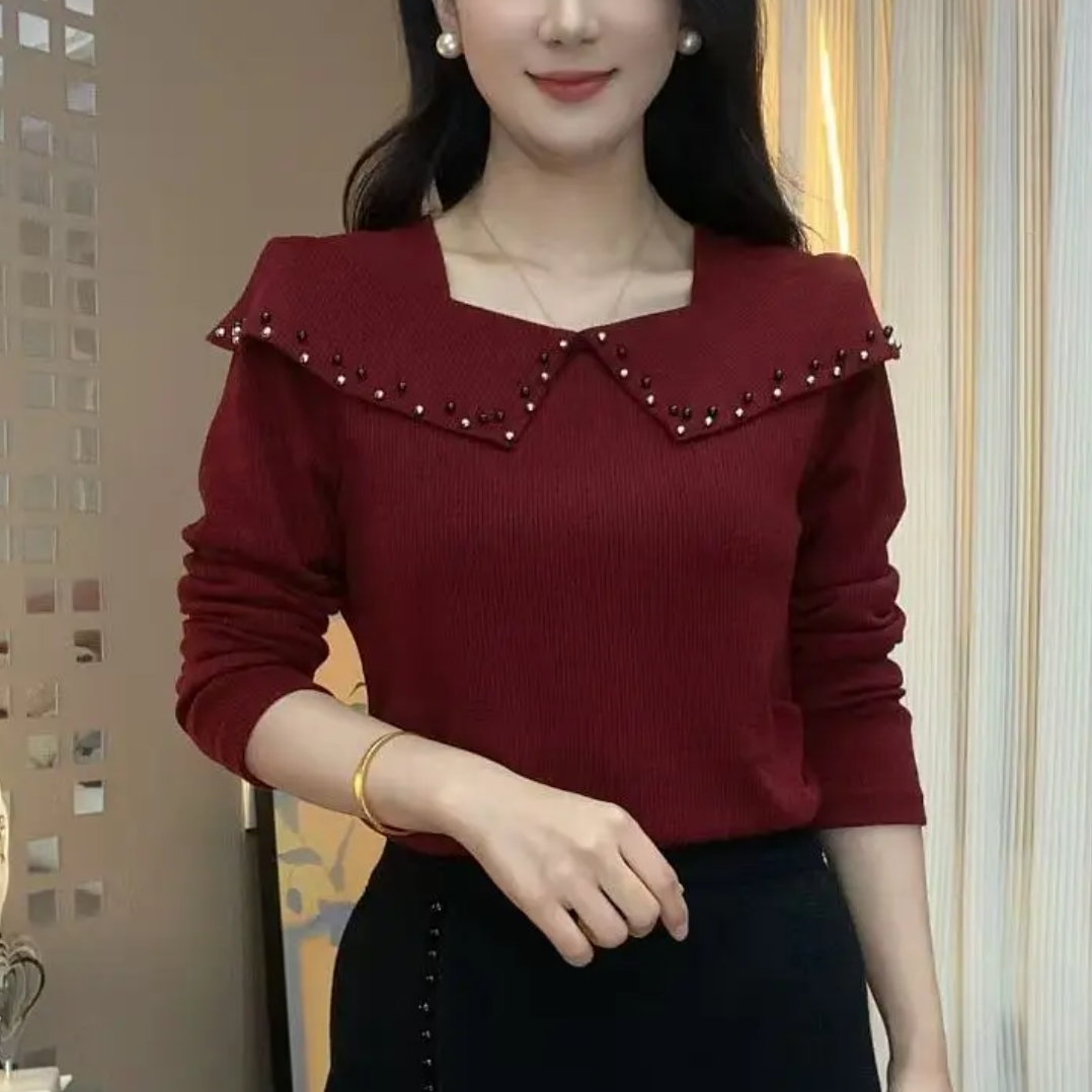 春季新款U型领纯色设计感上衣气质百搭显瘦减龄钉珠时尚打底衫女