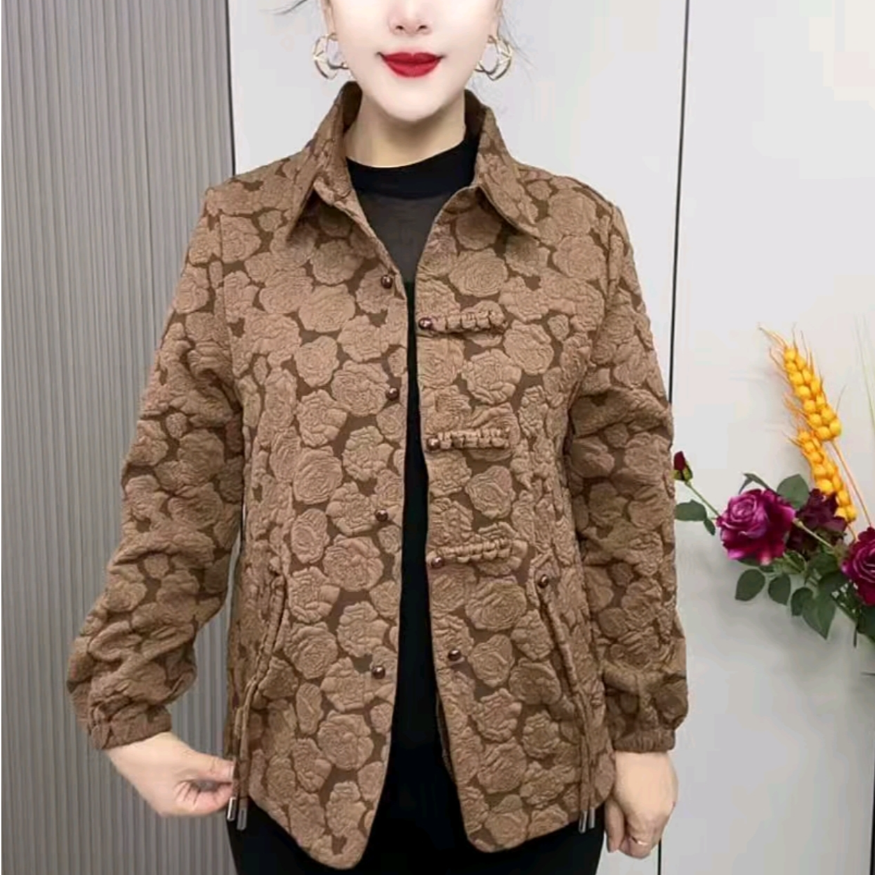 2025年春秋上新polo领纯色提花妈妈装时尚百搭薄款宽松显瘦女唐装