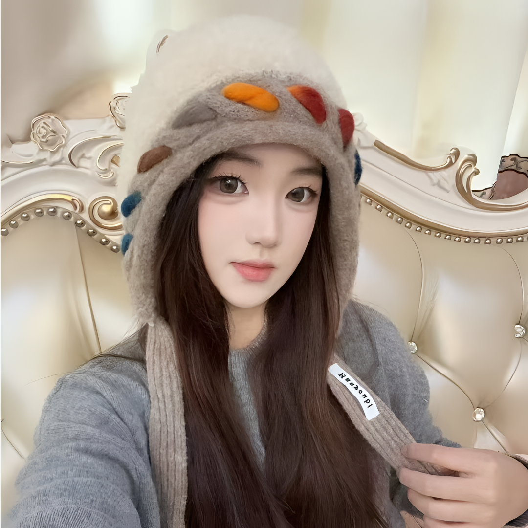 彩色多巴胺毛绒帽子女秋冬季新款针织流苏加厚保暖防寒包头护耳帽