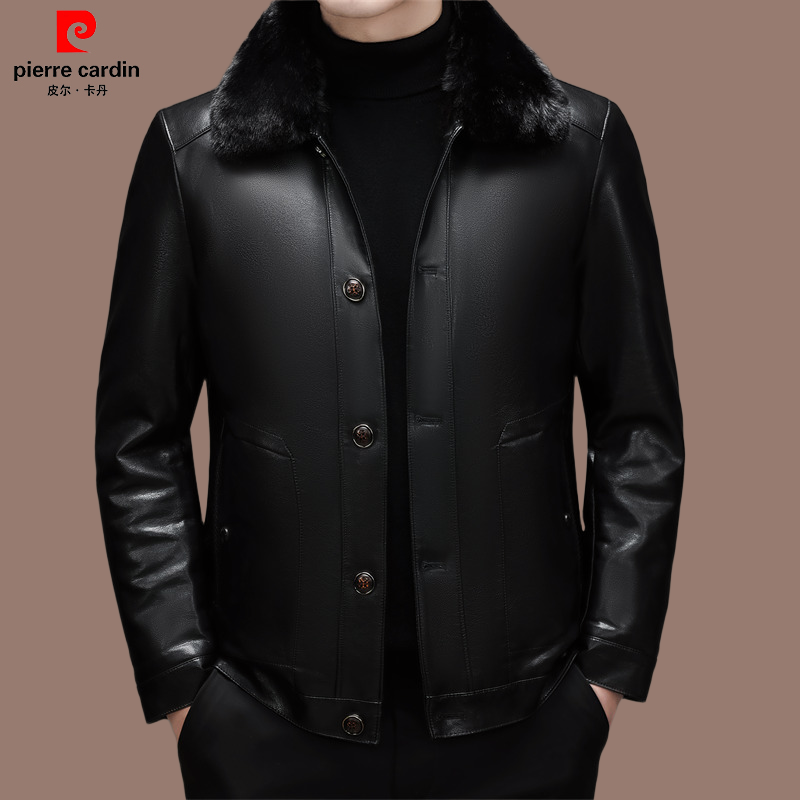 皮尔卡丹厚款男士翻领休闲皮衣冬季加绒高档爸爸外套保暖毛领可拆