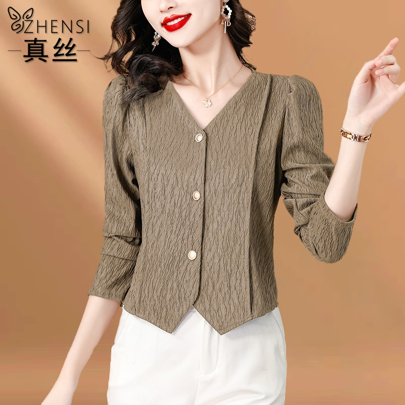 杭州高端大牌真丝衬衫女长袖V领法式2026春秋新款小衫桑蚕丝上衣