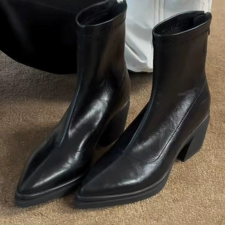 牛皮版气质复古静音短筒后拉链高跟弹力瘦瘦靴法式尖头粗跟短靴女