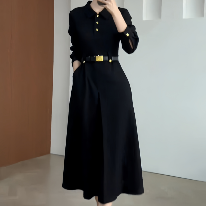 早秋时尚气质赫本风连衣裙长袖Polo领纯色气质风百搭轻职风连衣裙