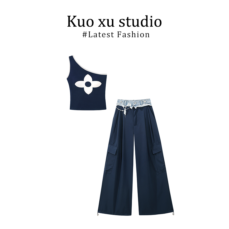 韩系套装女夏季气质百搭斜肩印花针织百搭上衣高腰拼接休闲阔腿裤