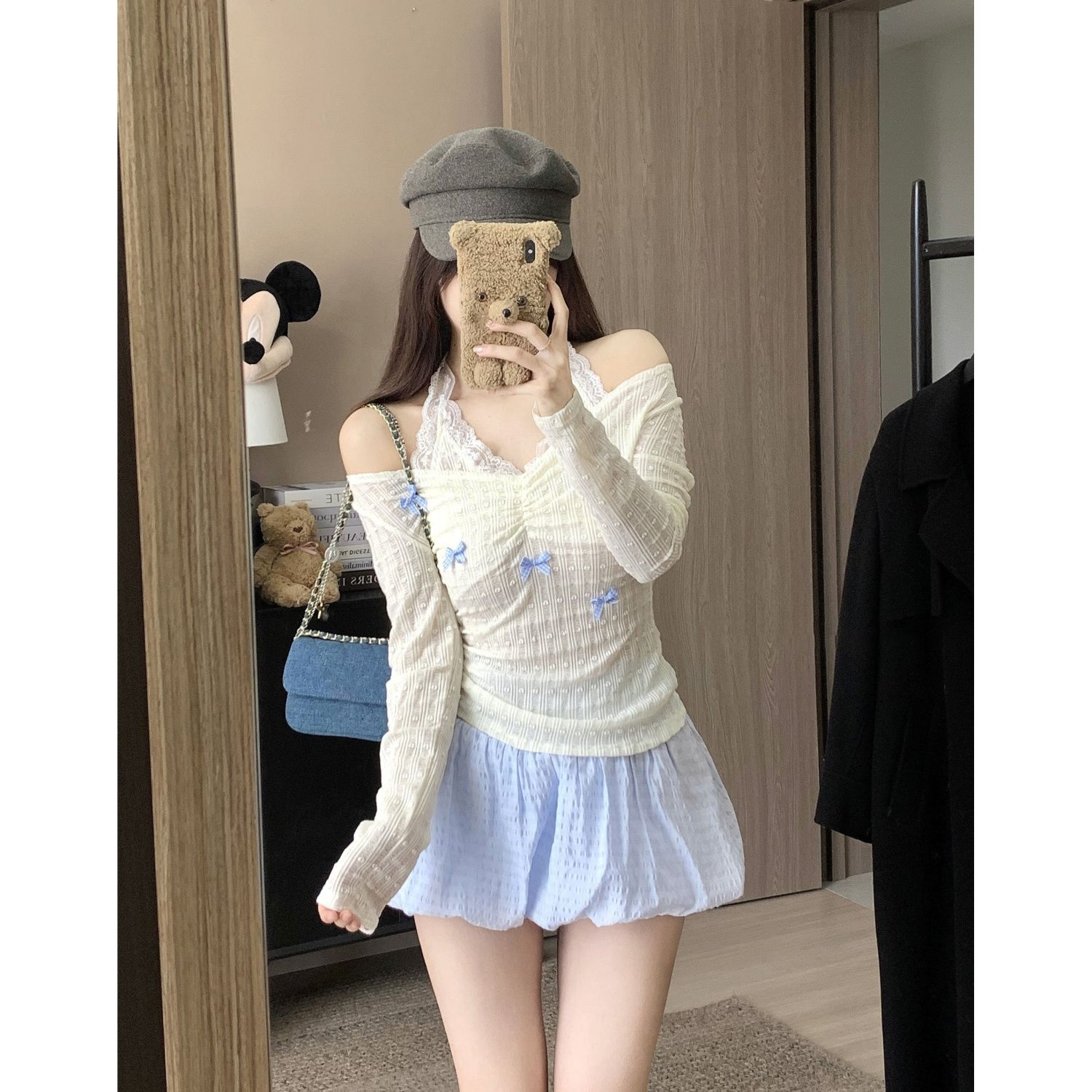 【冰蓝甜心】春夏甜美修身显瘦蕾丝挂脖假两件梦幻蓝半裙套装