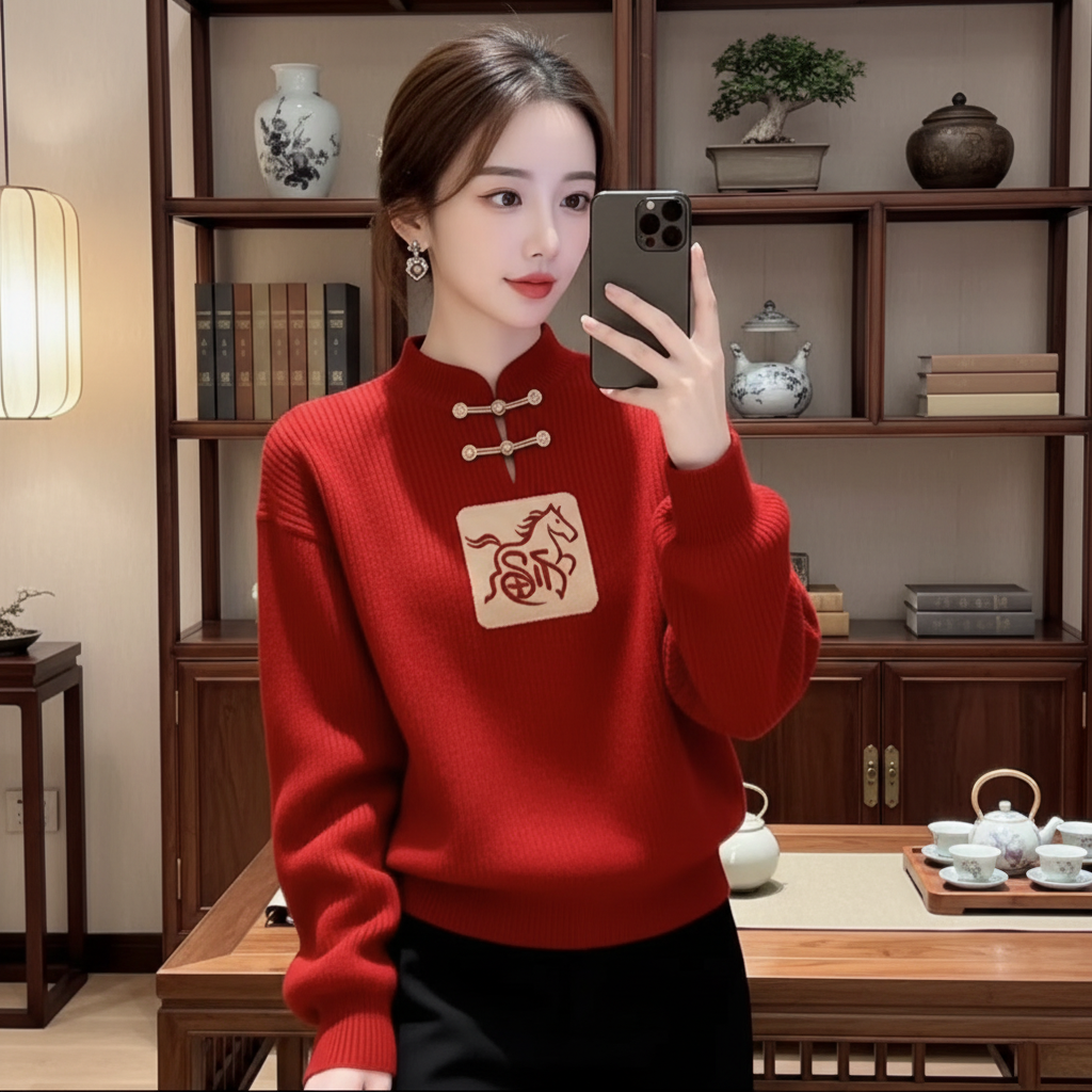 新年红色新中式立领慵懒风秋冬新款小众百搭高级感针织衫毛衣女