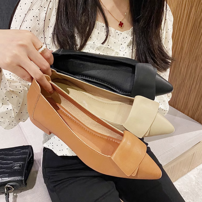 2025新款真皮低跟单鞋软底职业尖头工作粗跟蝴蝶结叶片百搭单鞋女