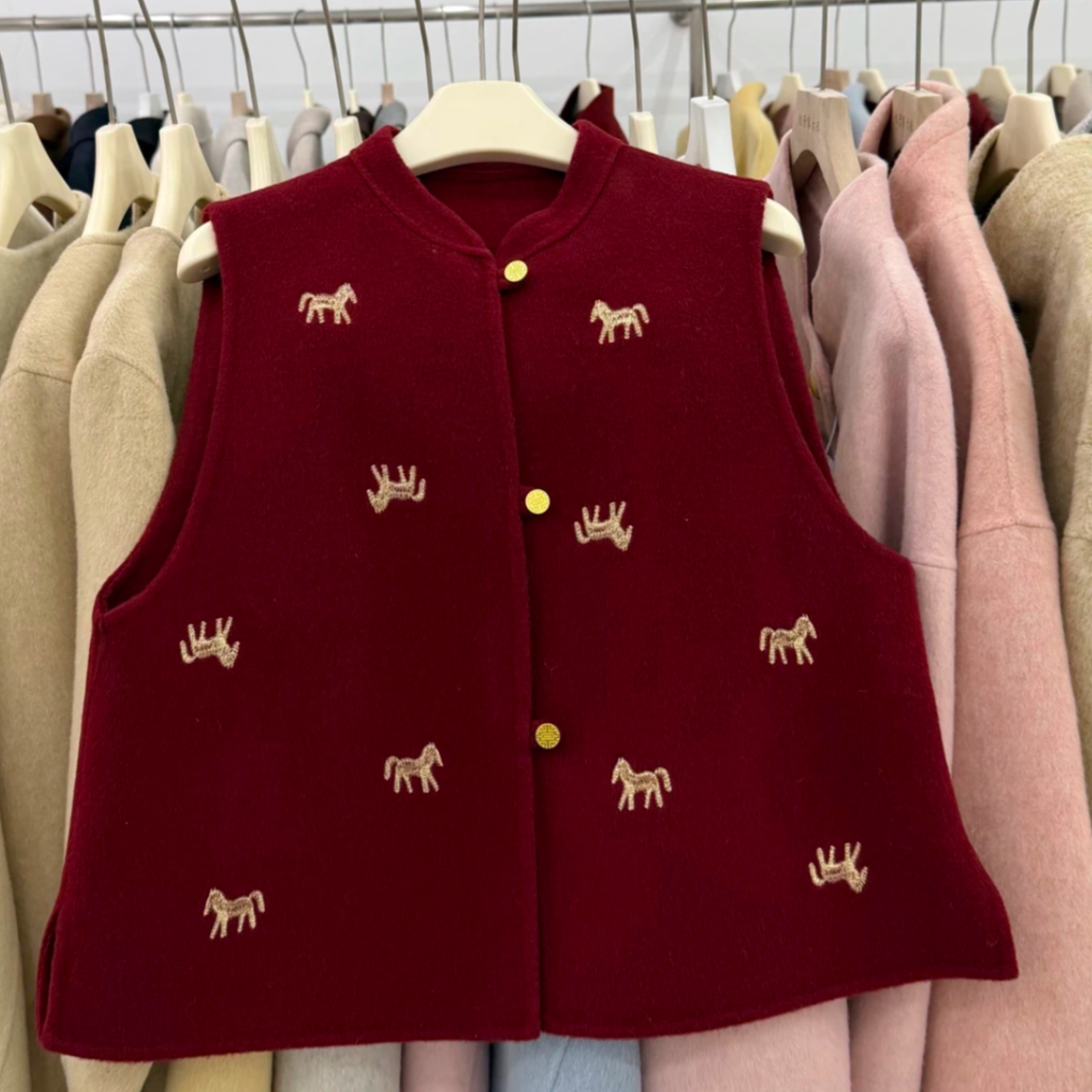 [金丝小马]时尚双面手工毛呢外套优雅气质短款秋冬马甲红色