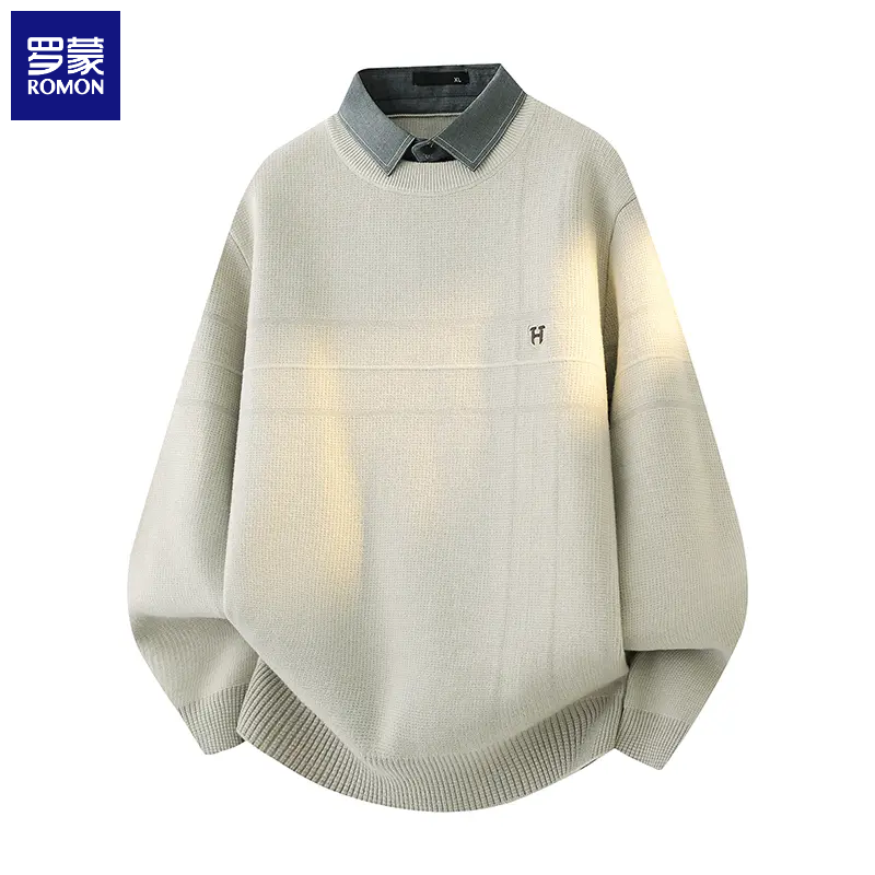 罗蒙轻奢高端秋冬季男士衬衫领针织衫加厚保暖百搭假两件毛衣内搭