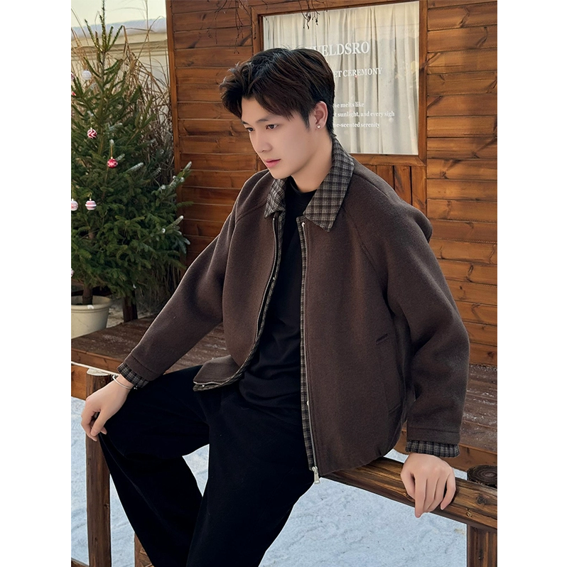 美拉德咖色格子拼接假两件夹克棉服男款冬季毛呢加棉加厚外套