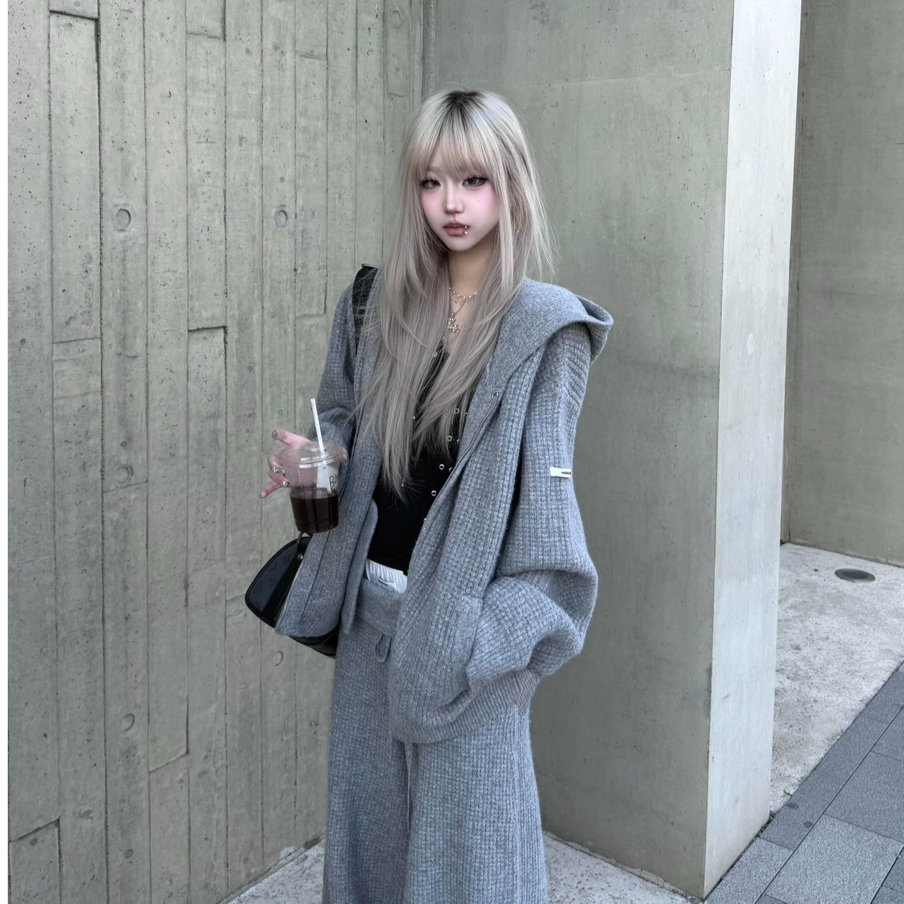 气质显瘦洋气休闲百搭外穿时尚套装长袖针织连帽开衫宽松长裤慵懒