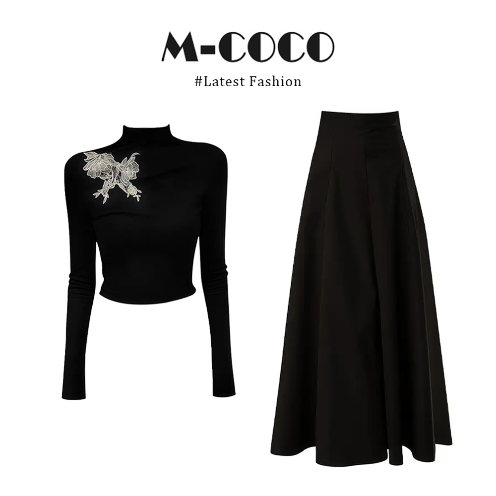 INSCEC新中式早秋氛围感刺绣半高领长袖T恤连衣裙时尚套装秋冬