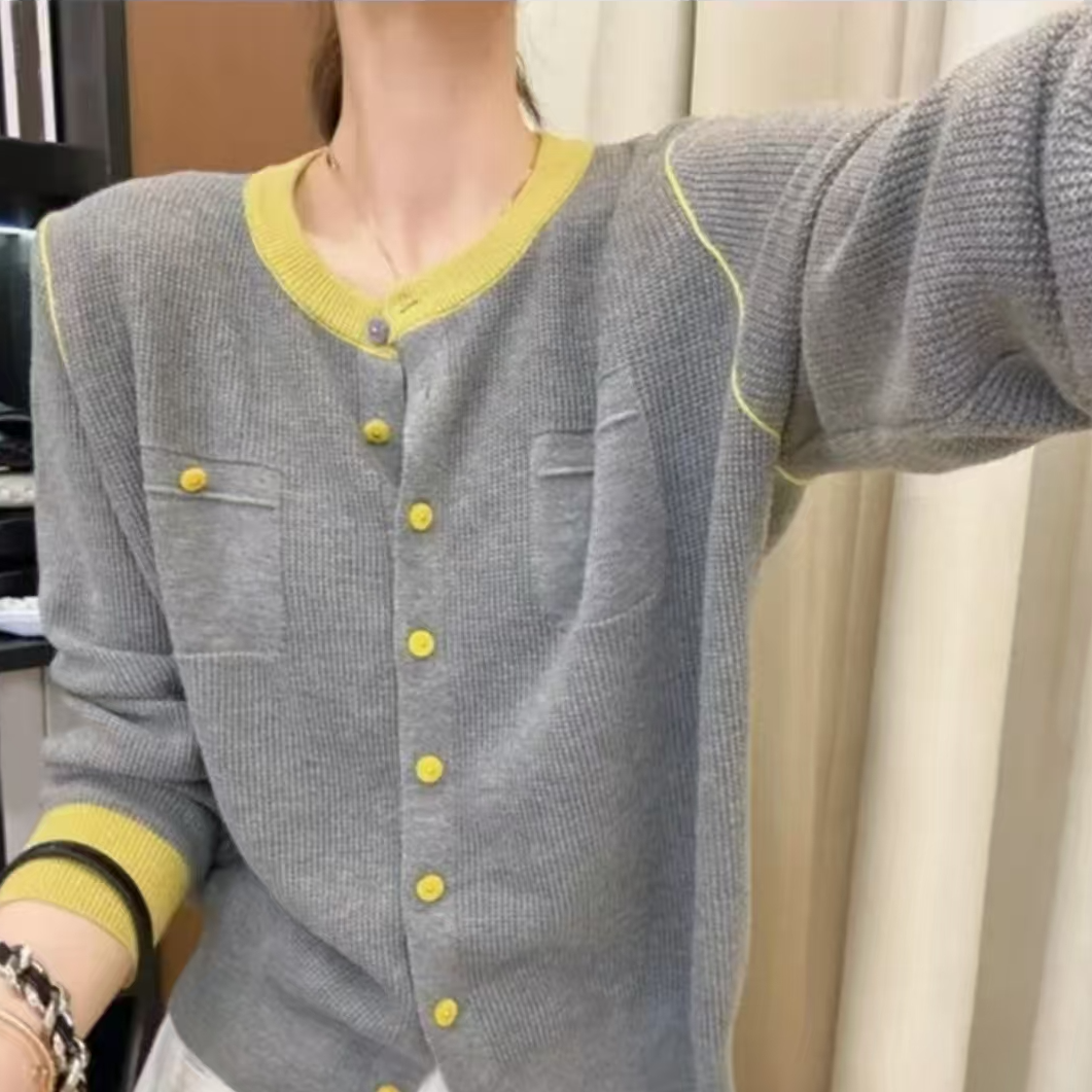 【羊毛衫】秋季新款撞色圆领华夫格针织开衫时尚百搭宽松显瘦小香风