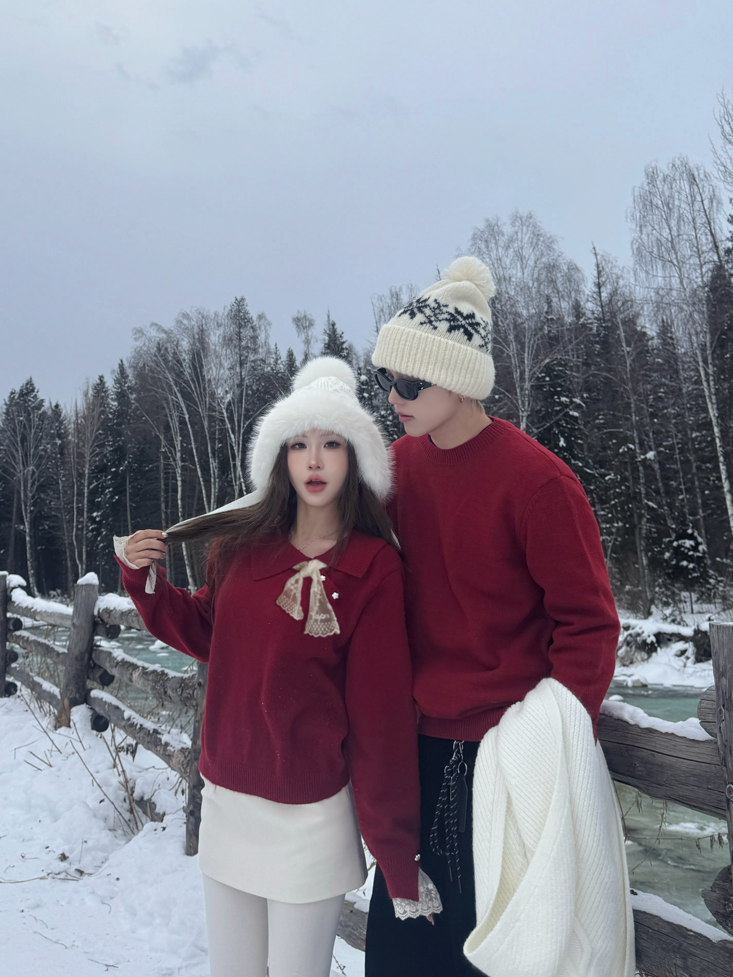 情侣装秋冬红色过年保暖蝴蝶针织套头休闲毛针织衫红色长袖