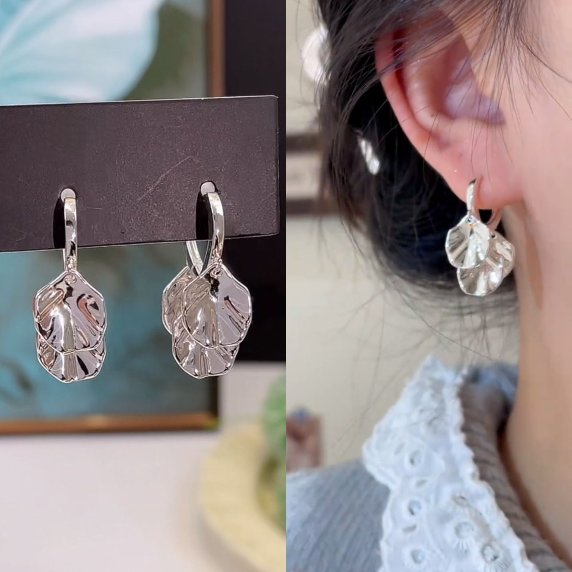 铜合金耳饰 小众设计感银色树叶流苏爱心耳扣精致百搭耳环时尚潮