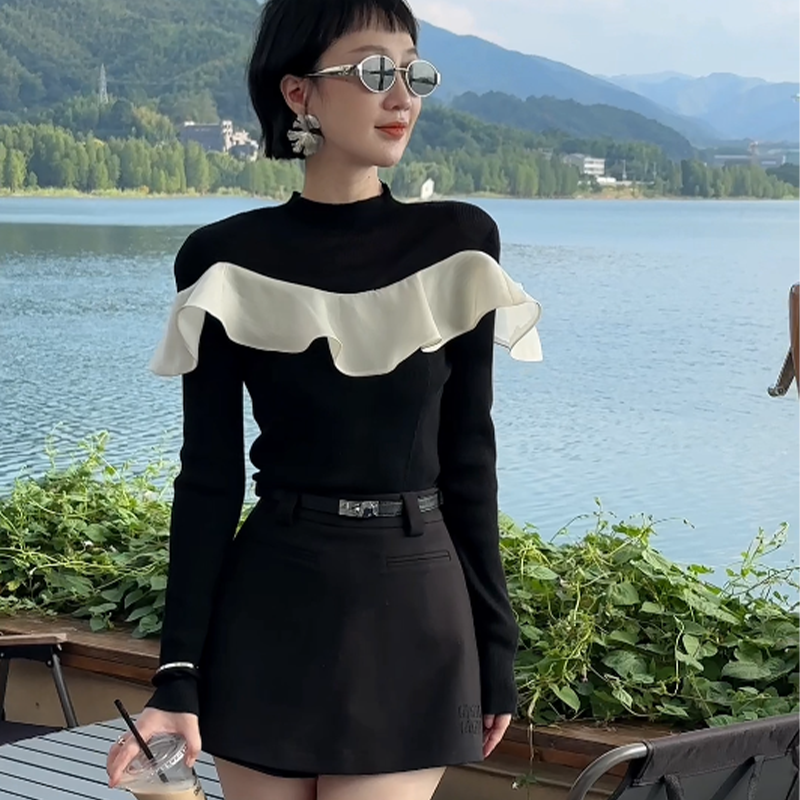 XIAOBAI 法式设计感毛针织衫秋季打底撞色荷叶边时尚修身长袖上衣