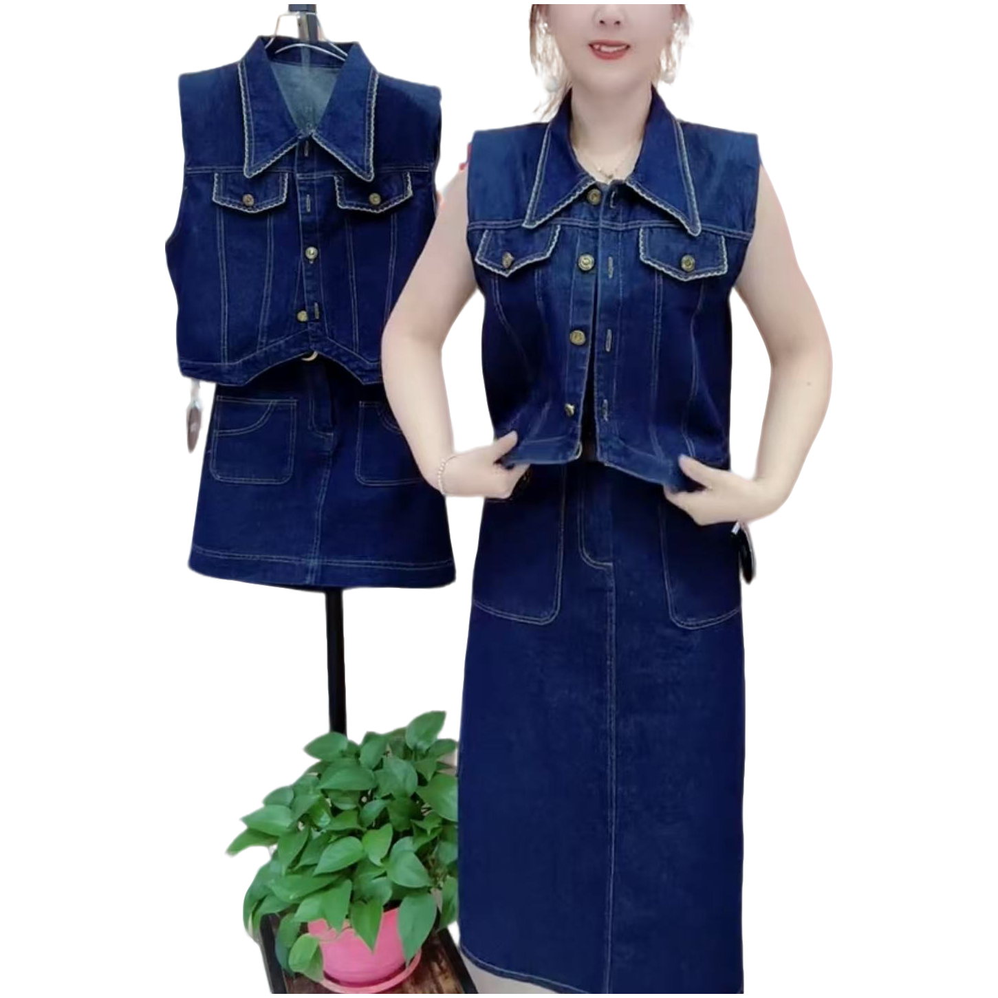 88-8时尚新款牛仔套装马甲+长裙气质洋气百搭显瘦减龄韩版