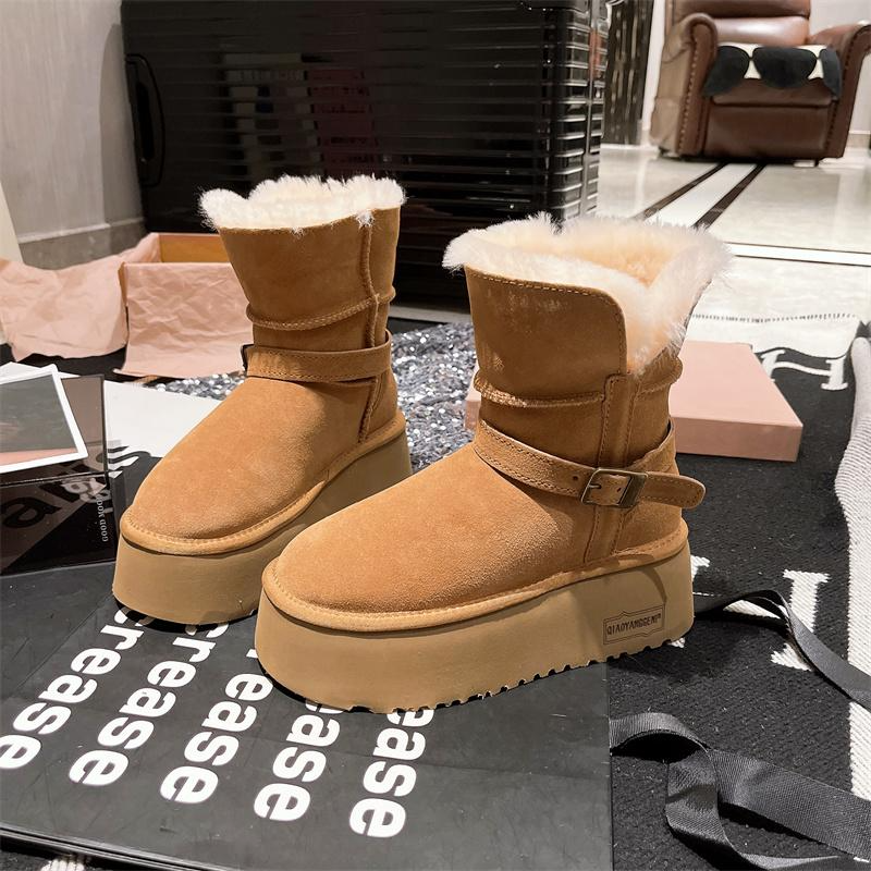 欧货磨砂高级感毛毛鞋翻领两穿小个子厚底松糕6cm骑士雪地棉靴女