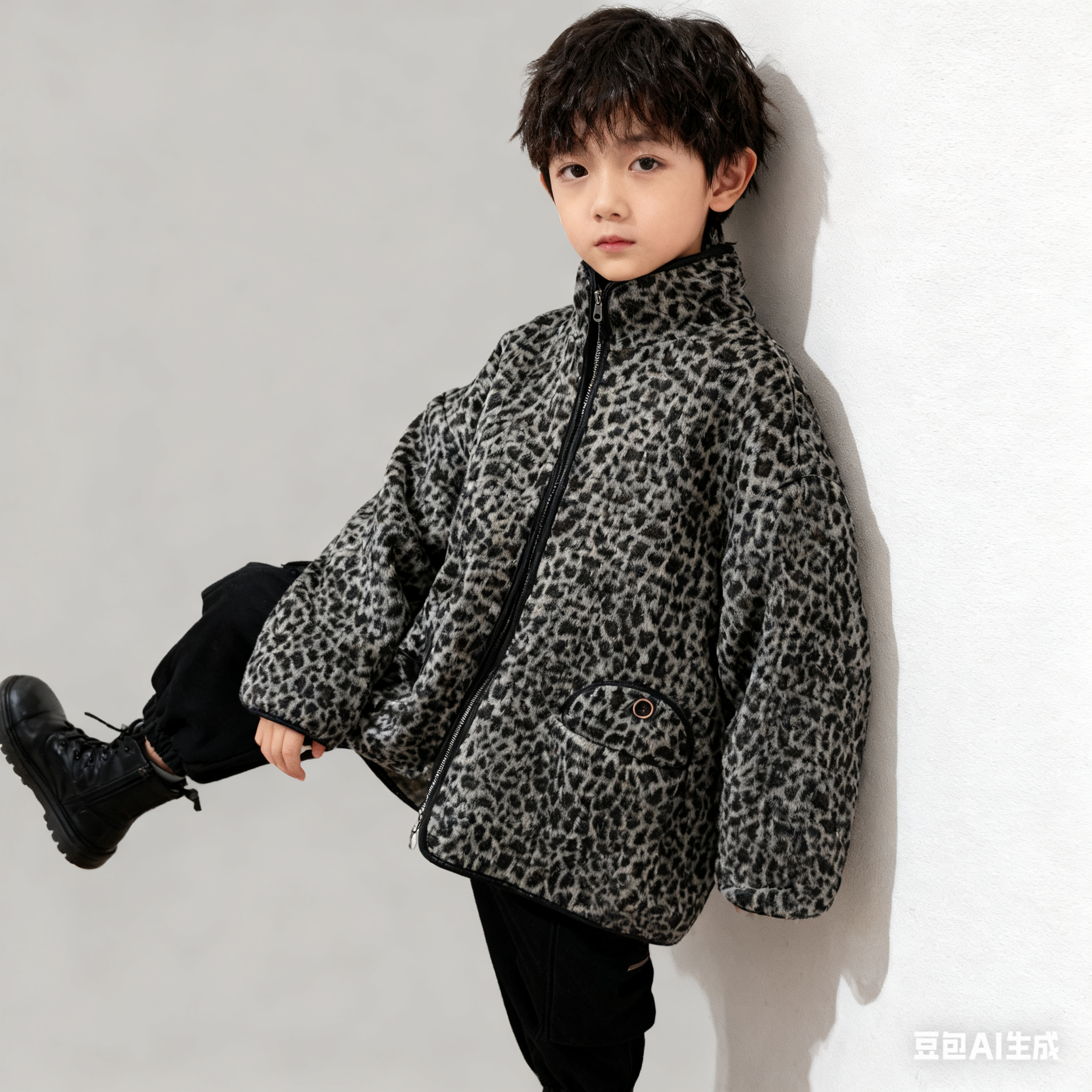 男女童冬季豹纹加绒外套韩版加厚保暖复古中大童百搭洋气童装潮
