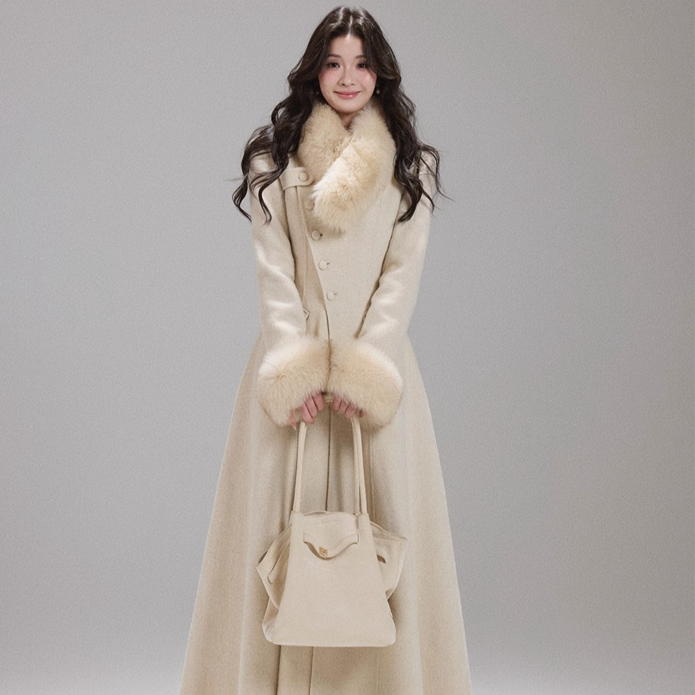 《SENYU》乖乖大小姐 狐狸毛大毛领温柔气质千金长款收腰羊毛大衣女