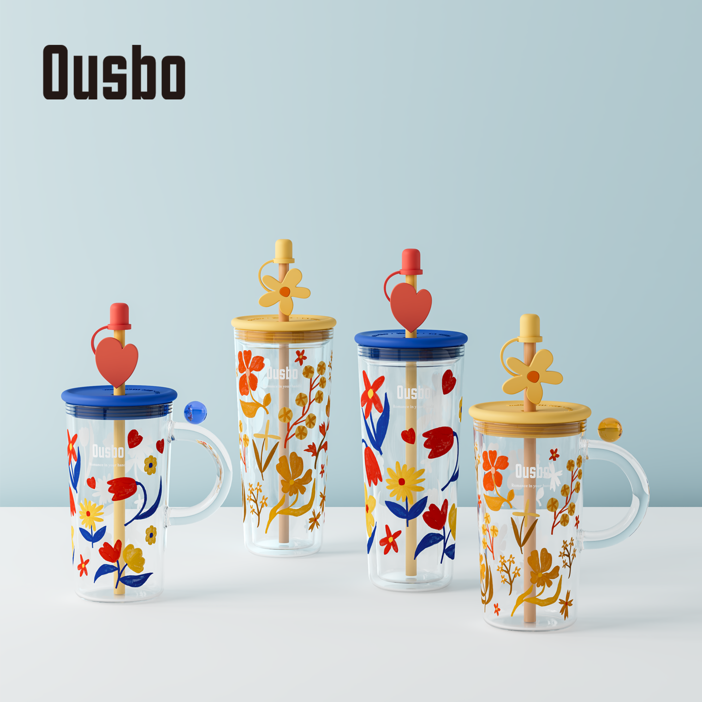 Ousbo花花玻璃水杯双层带吸管饮品杯带手柄办公室耐高温泡茶杯子